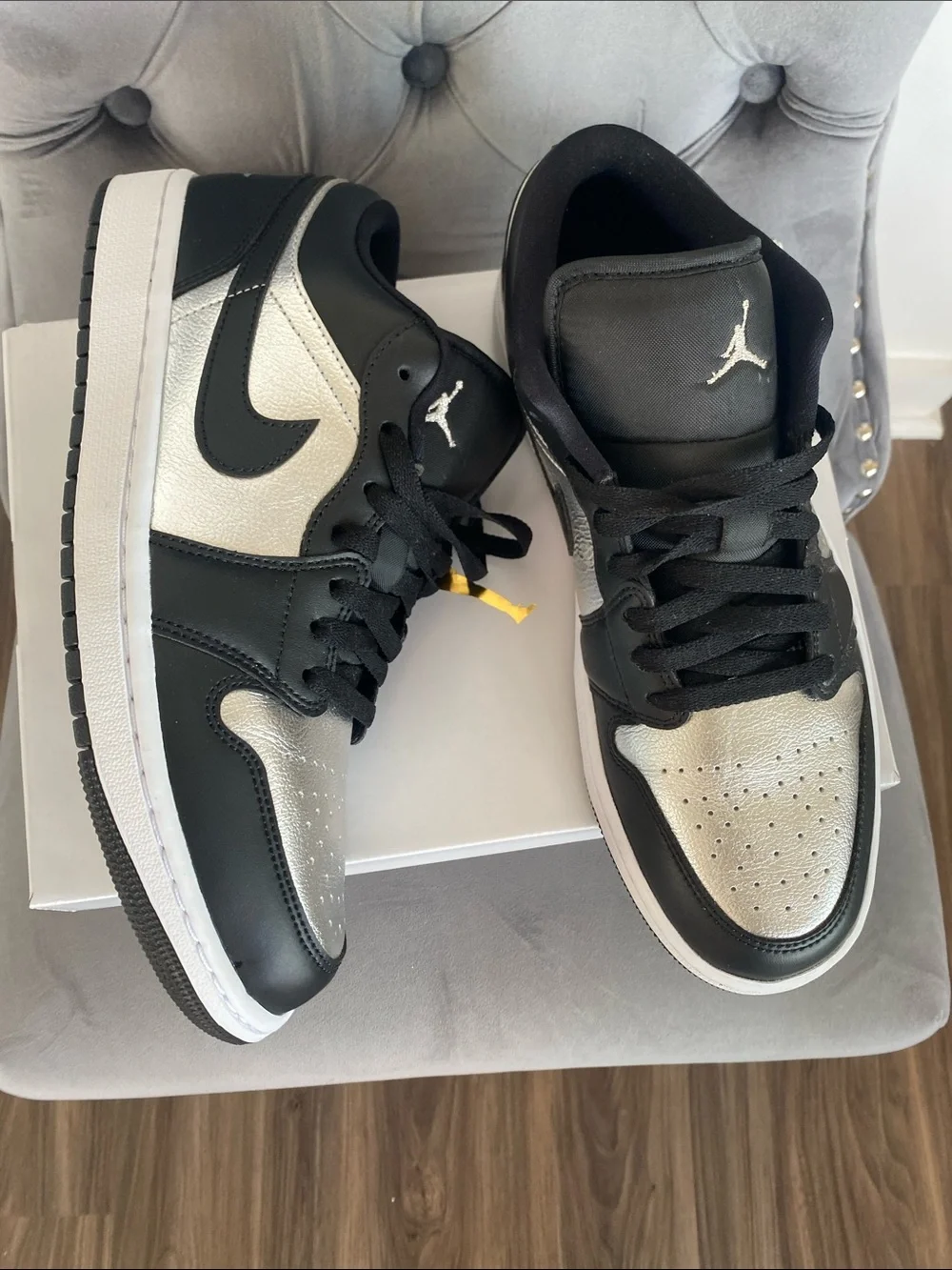 NWT Women’s Jordan 1 Low SE Black and Metallic Silver Low Top Sneakers - Picture 3 of 17